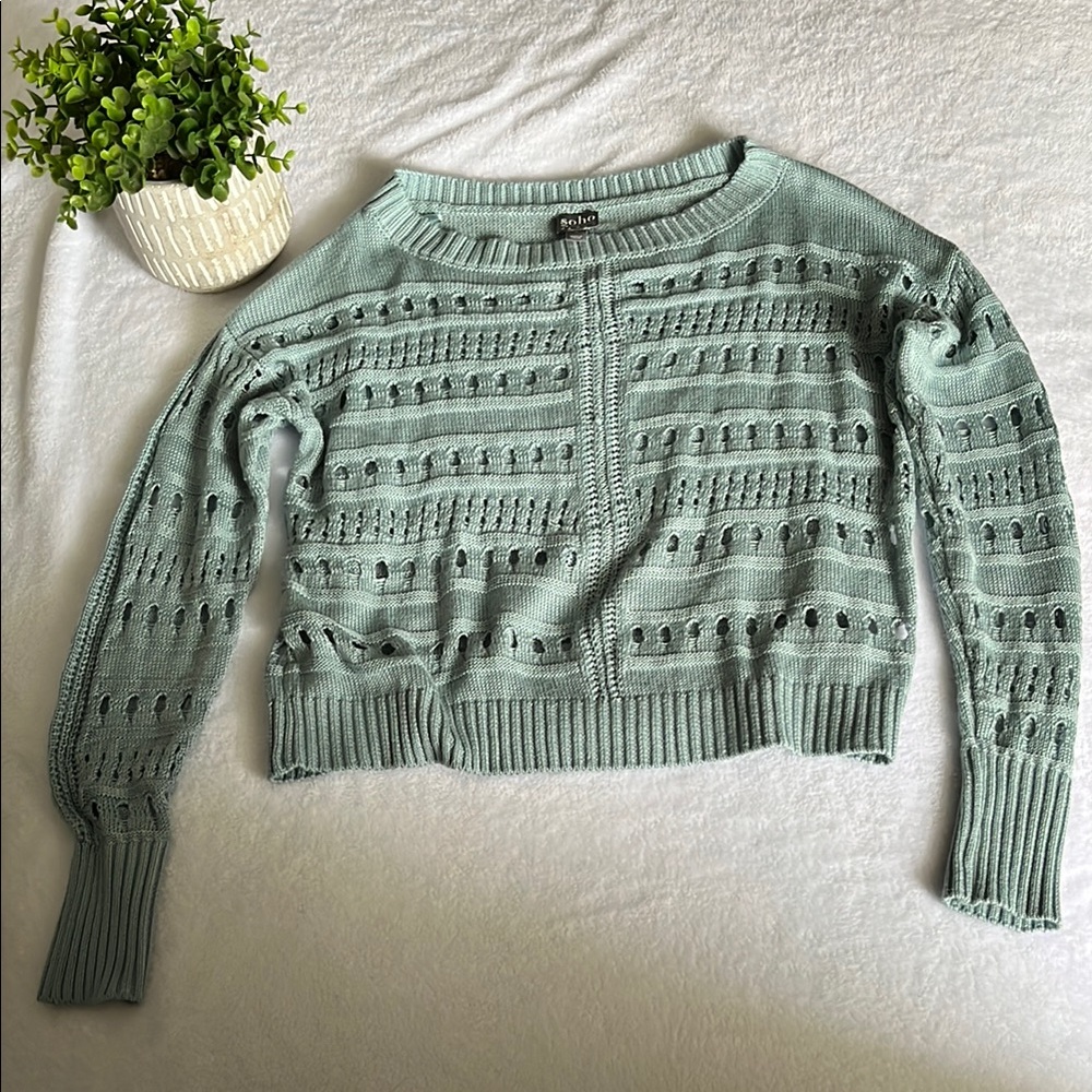 Soho Jeans Womens  Large Blue Open Knit Preppy Long Sleeve Pullover Sweater